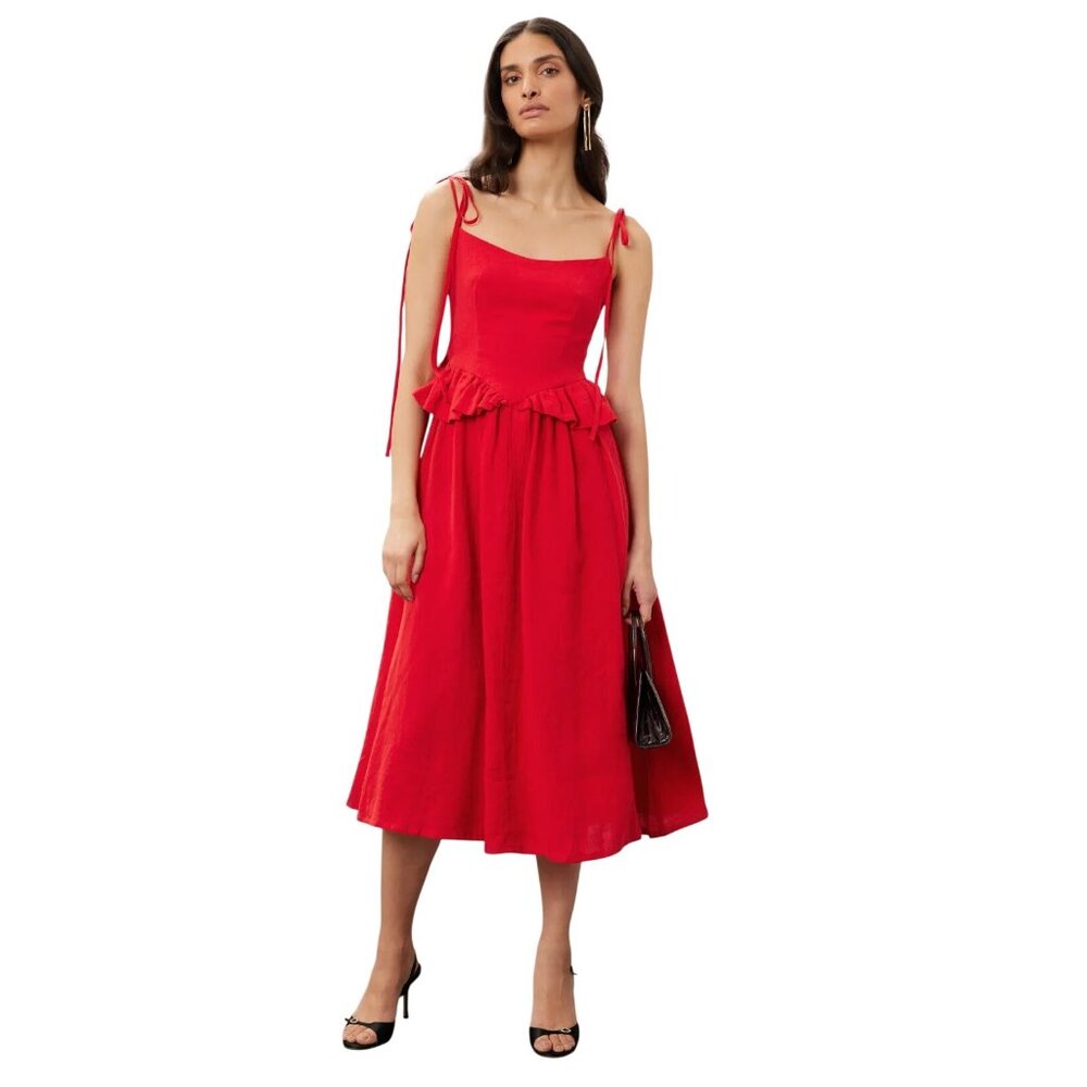 Eliza Faulkner Tessa Dress Size Small Sleeveless Tie Shoulder Ruffle Waist Party